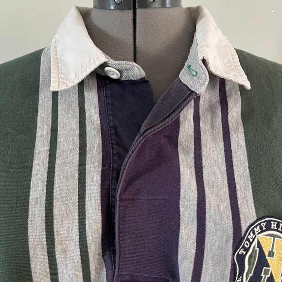 VTG Tommy Hilfiger Sz L Vertical Stripe Varsity Sports Rugby Shirt - Picture 3 of 14